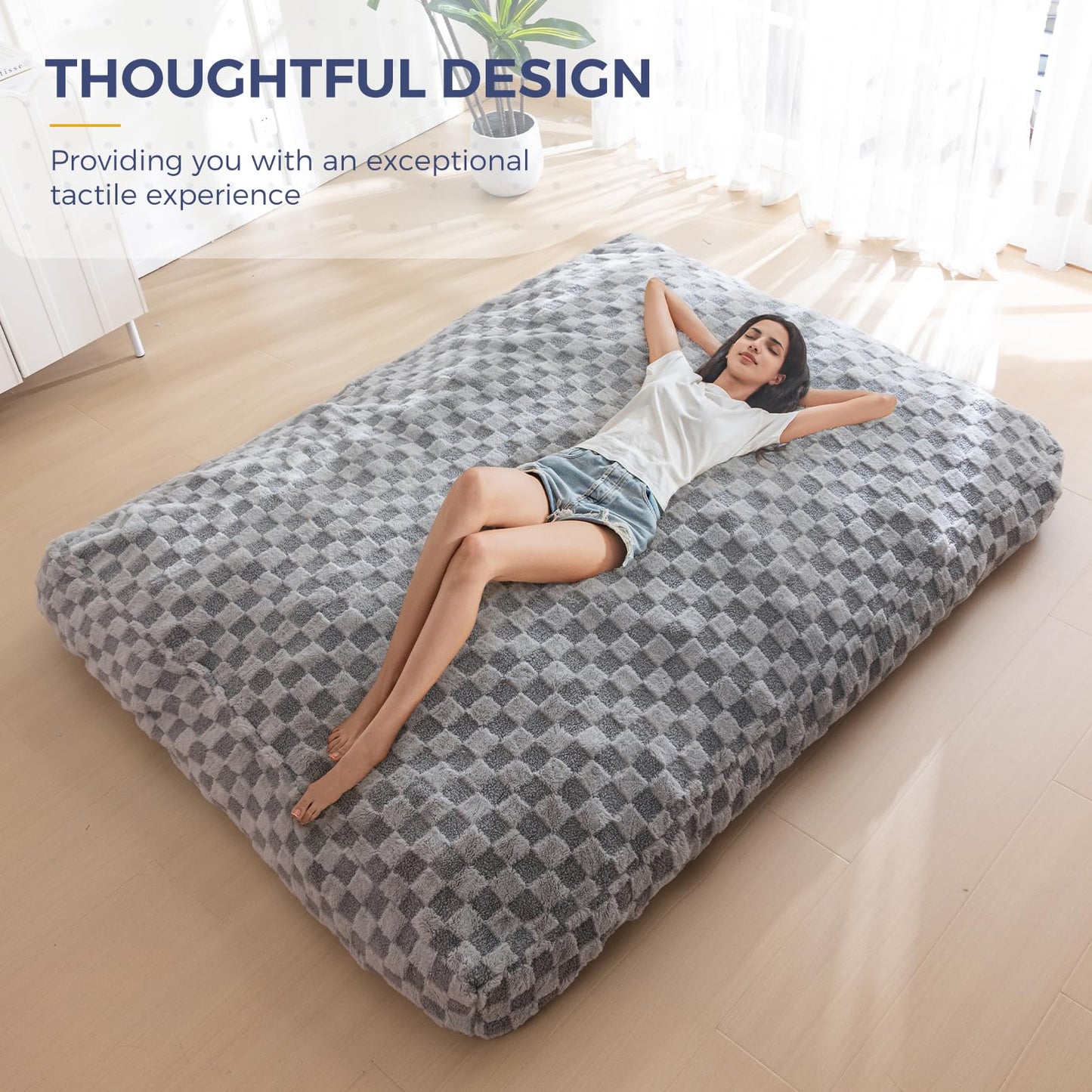 Giant Bean Bag Chair Bed for Adults, Convertible Beanbag Folds from Lazy Chair to Floor Mattress Bed, Large Floor Sofa Couch, Big Sofa Bed, High-Density Foam Filling, Machine Washable Cover