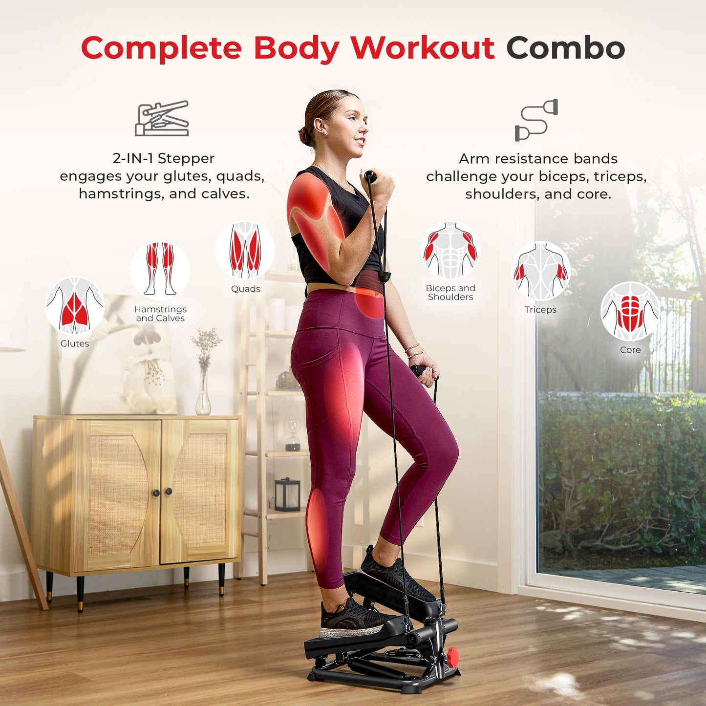 Exercise Low-Impact Stair Step Cardio Equipment with Resistance Bands, Digital Monitor, Up Down Pink - P2000