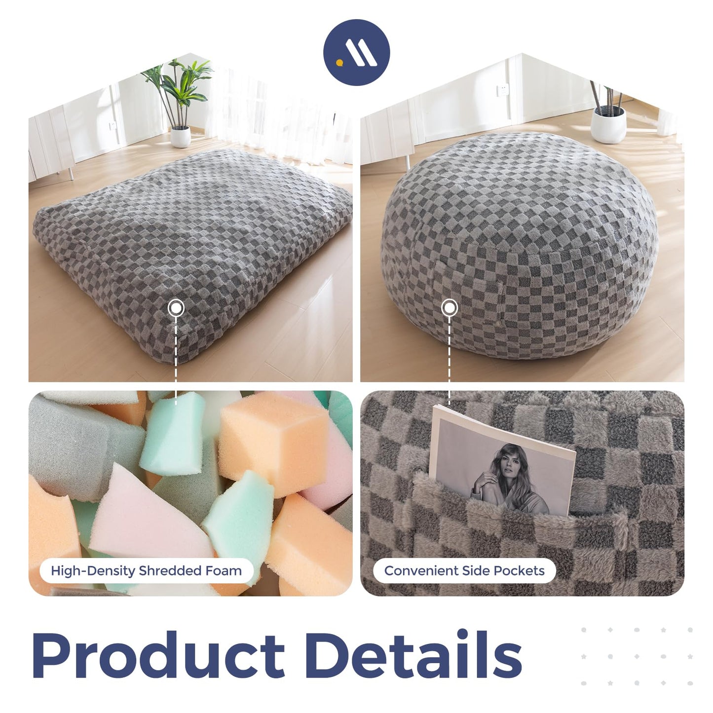 Giant Bean Bag Chair Bed for Adults, Convertible Beanbag Folds from Lazy Chair to Floor Mattress Bed, Large Floor Sofa Couch, Big Sofa Bed, High-Density Foam Filling, Machine Washable Cover