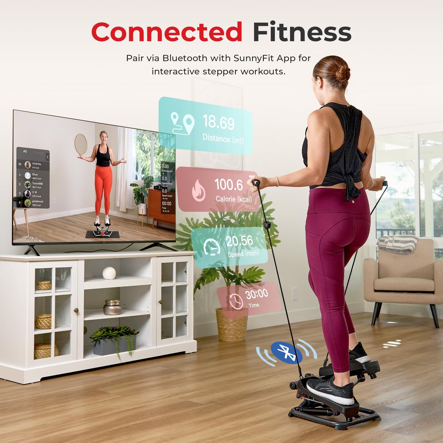 Exercise Low-Impact Stair Step Cardio Equipment with Resistance Bands, Digital Monitor, Up Down Pink - P2000