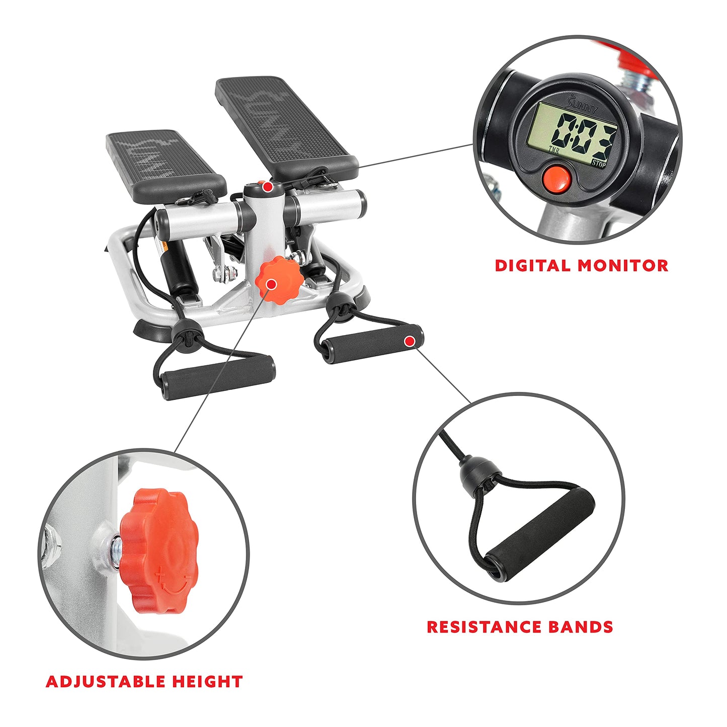 Exercise Low-Impact Stair Step Cardio Equipment with Resistance Bands, Digital Monitor, Up Down Pink - P2000