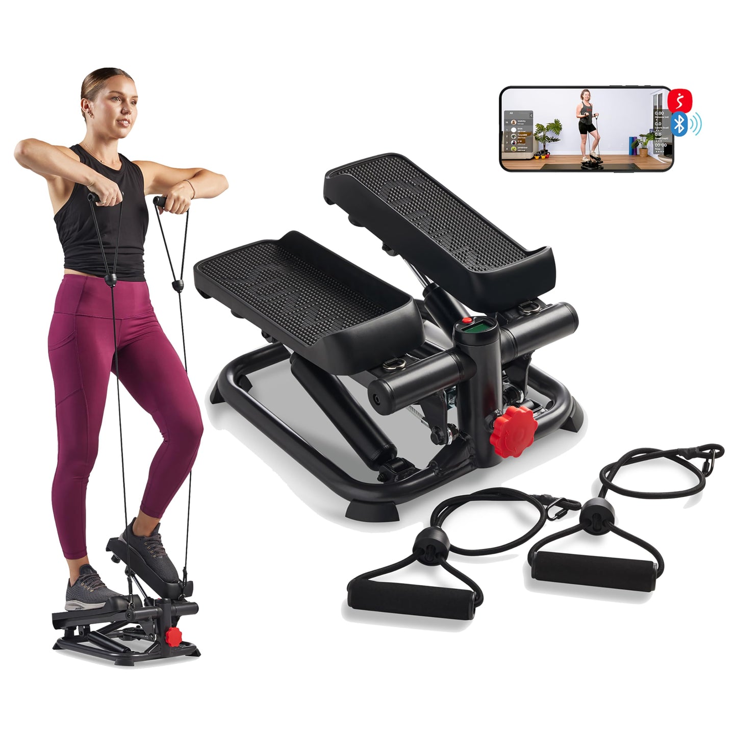 Exercise Low-Impact Stair Step Cardio Equipment with Resistance Bands, Digital Monitor, Up Down Pink - P2000