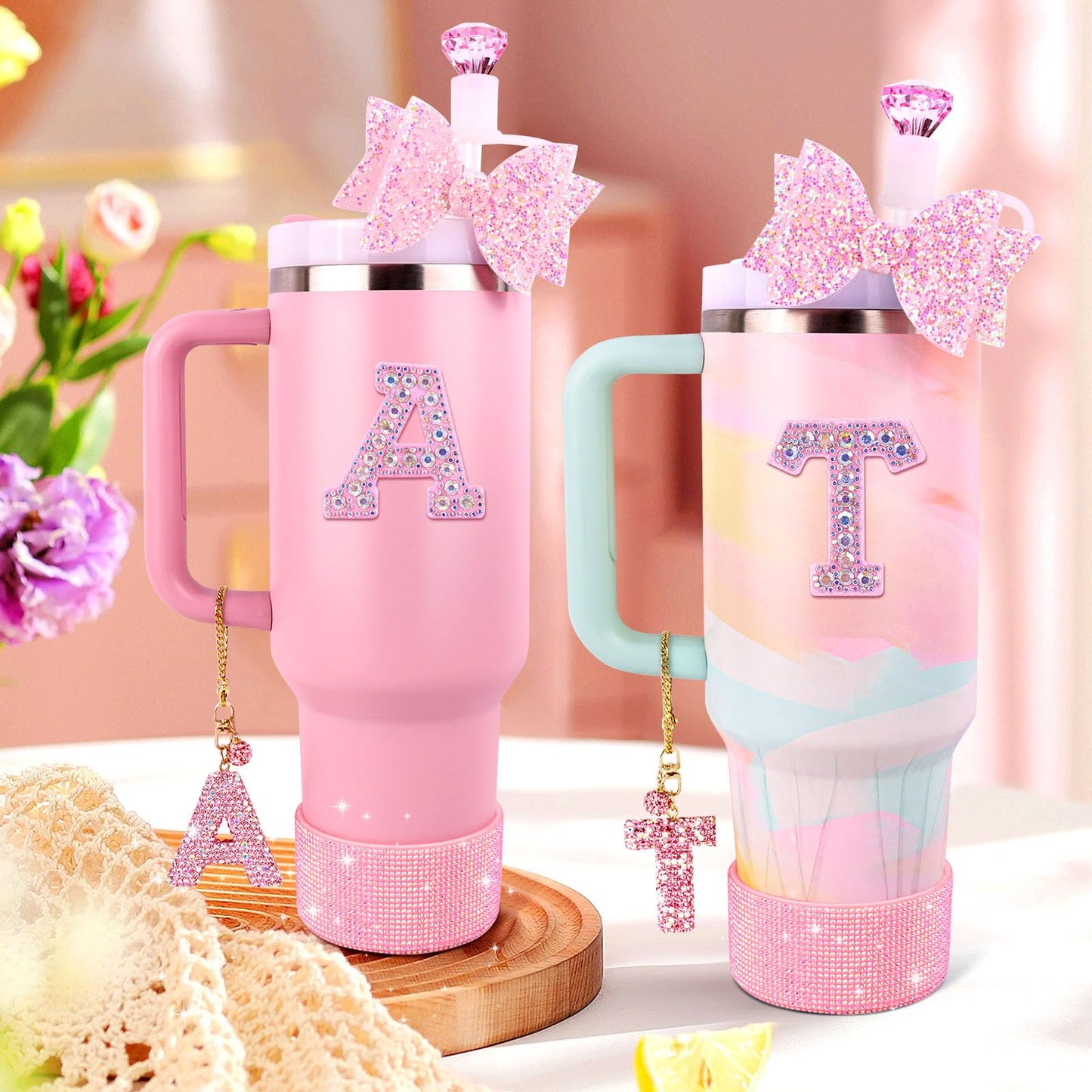 Pink Accessories Set for Stanley Cup 30Oz 40Oz, Bling Letter Charms, Diamond Straw Cover, Glitter Silicone Boot, Personalized Sticker, Bow Straw Topper for Stanley Cup Accessories