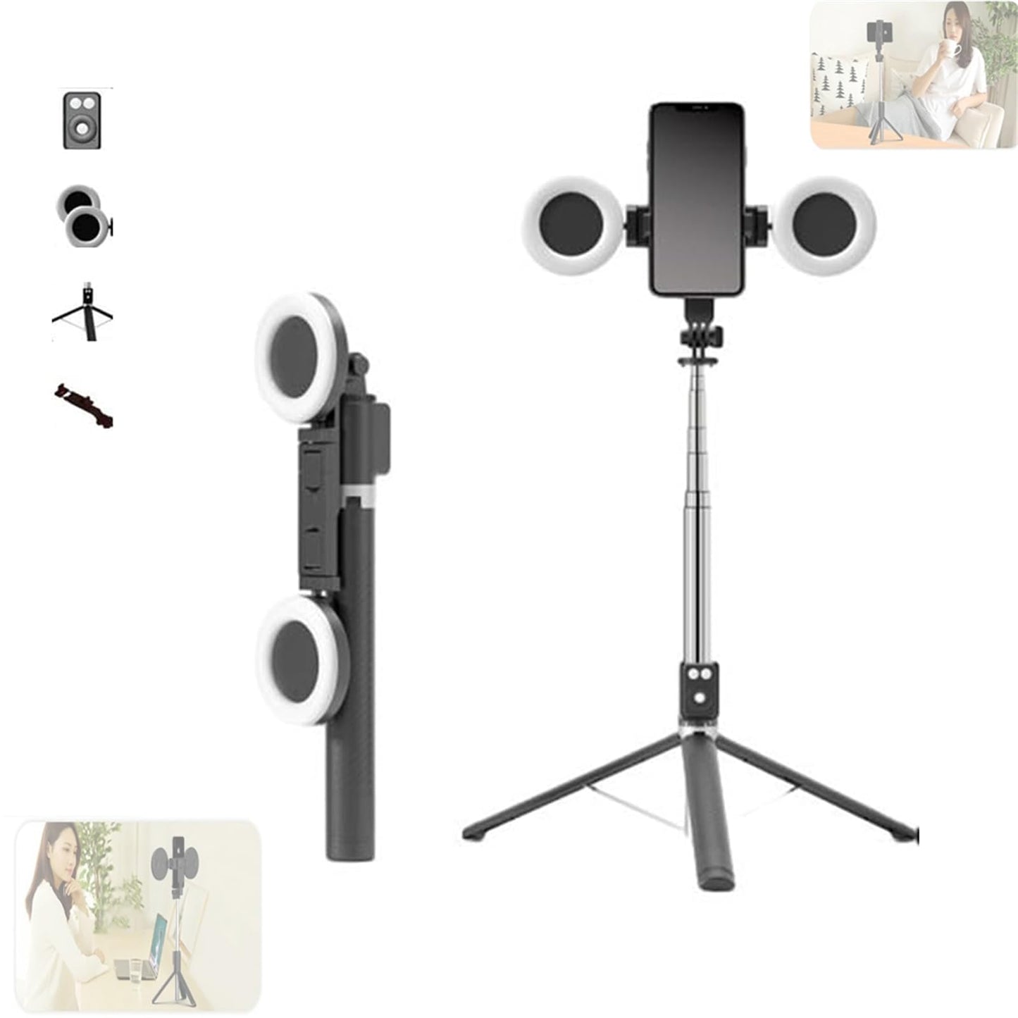 Selfie Stick, 6 in 1 Wireless Bluetooth Selfie Stick,6 in 1 Bluetooth Selfie Stick Tripod with Detachable Wireless Remote, Selfie Stick Tripod with Remote &Light (Pink, Double Fill Light)