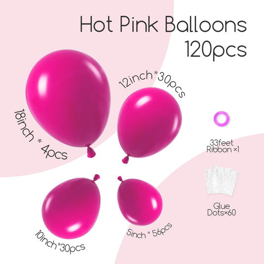 120pcs Hot Pink Balloon Arch Kit, 18 12 10 5 inch Hot Pink Latex Balloons Different Sizes Hot Pink Balloon Garland for Engagement Bridal Bachelorette Tropical Birthday Party Decorations