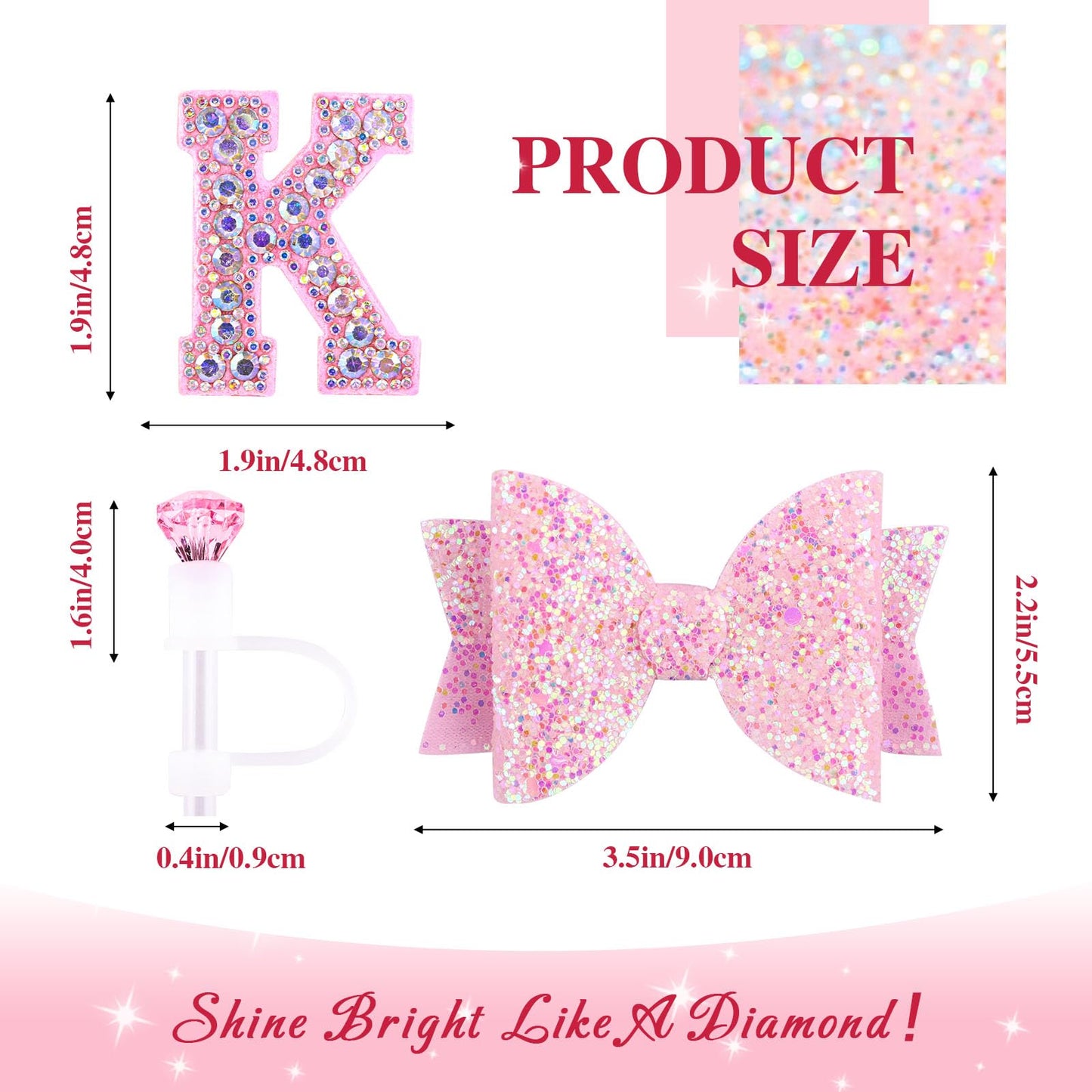 Pink Accessories Set for Stanley Cup 30Oz 40Oz, Bling Letter Charms, Diamond Straw Cover, Glitter Silicone Boot, Personalized Sticker, Bow Straw Topper for Stanley Cup Accessories