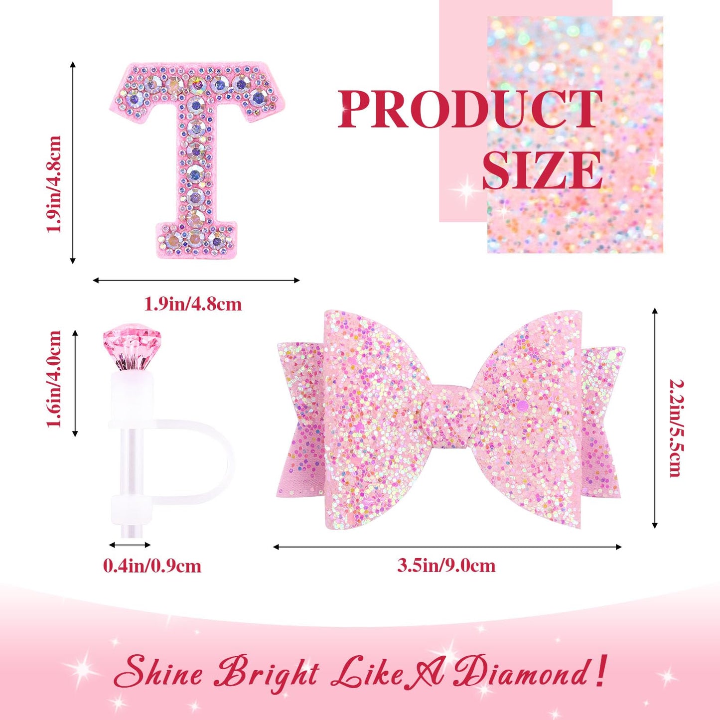 Pink Accessories Set for Stanley Cup 30Oz 40Oz, Bling Letter Charms, Diamond Straw Cover, Glitter Silicone Boot, Personalized Sticker, Bow Straw Topper for Stanley Cup Accessories