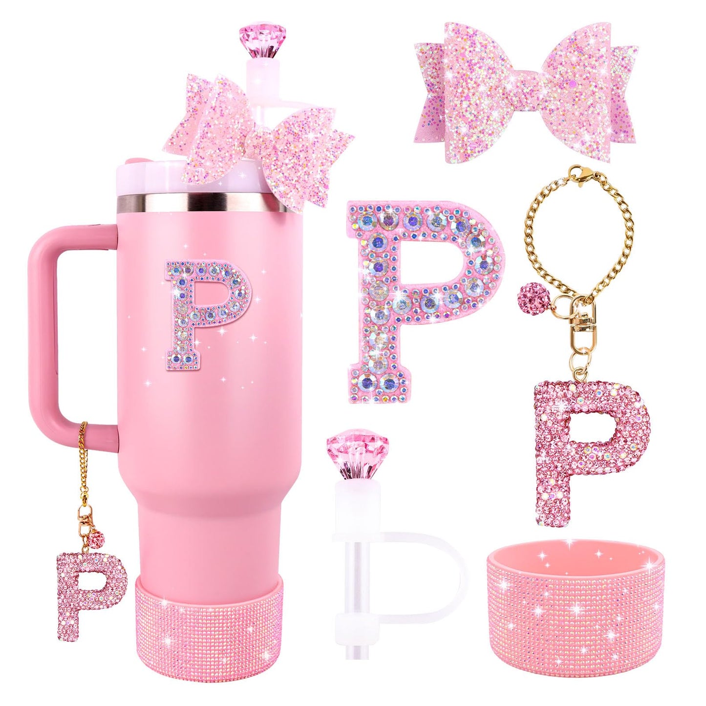 Pink Accessories Set for Stanley Cup 30Oz 40Oz, Bling Letter Charms, Diamond Straw Cover, Glitter Silicone Boot, Personalized Sticker, Bow Straw Topper for Stanley Cup Accessories